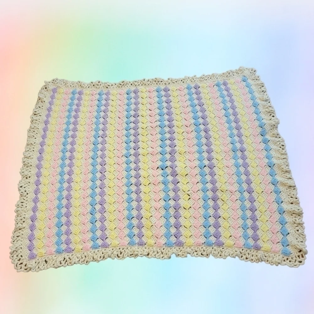 Baby Afghan Crocheted Handmade Crib Throw Blanket Pastel Rainbow Nursery